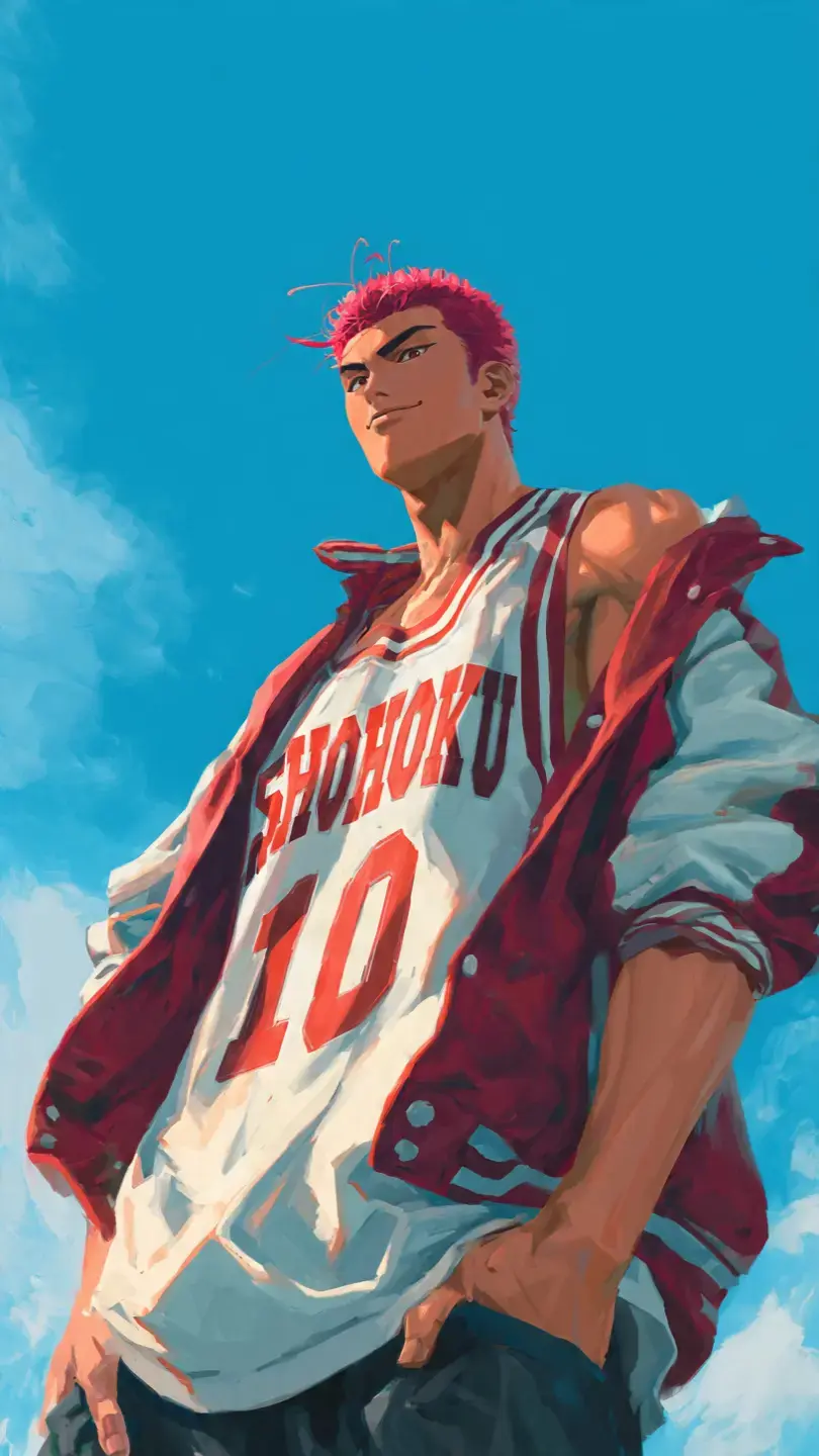 High-quality anime illustration of Hanamichi Sakuragi from Slam Dunk, upper body — DALL-E AI Image Prompt
