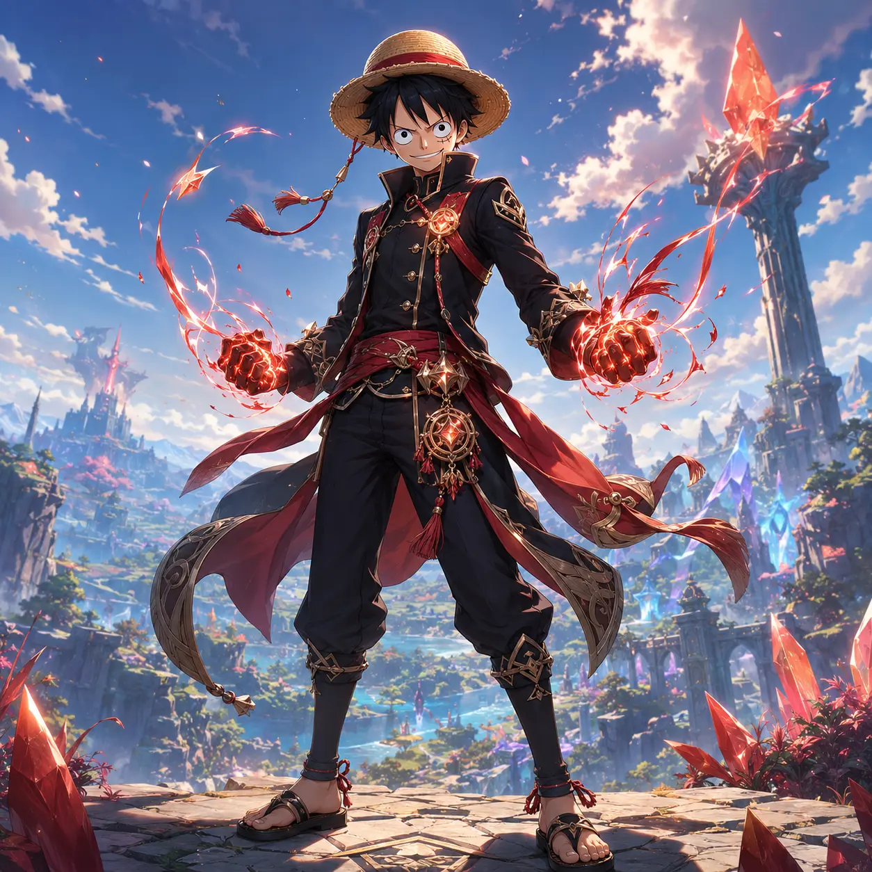 Redesign Monkey D. Luffy reimagined as a character from the Jujutsu Kaisen unive — DALL-E AI Image Prompt