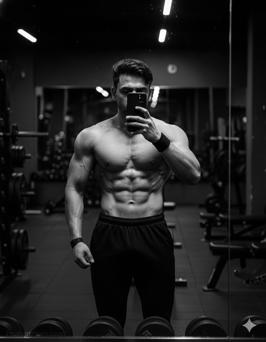 Create a hyper-realistic, high-contrast monochrome gym portrait using the upload — Google Gemini AI Prompt