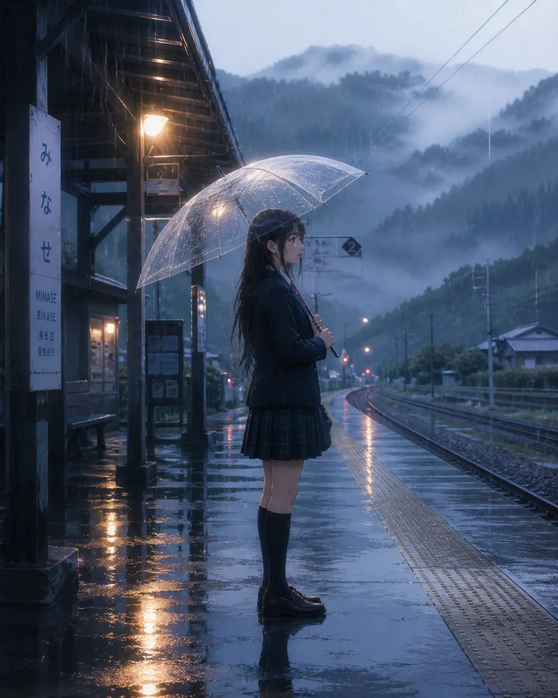A beautiful anime scene of a quiet girl in a school uniform standing alone on a  — DALL-E AI Image Prompt