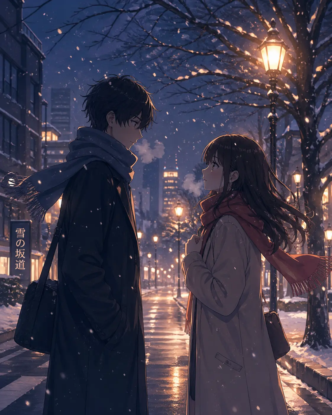 An emotional anime winter scene of two characters meeting again under falling sn — DALL-E AI Image Prompt