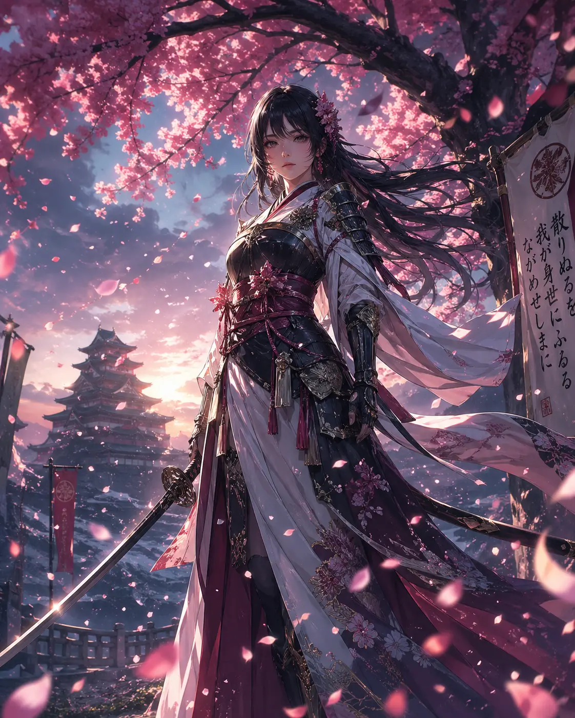 Striking anime illustration of a lone swordswoman standing beneath falling cherr — DALL-E AI Image Prompt