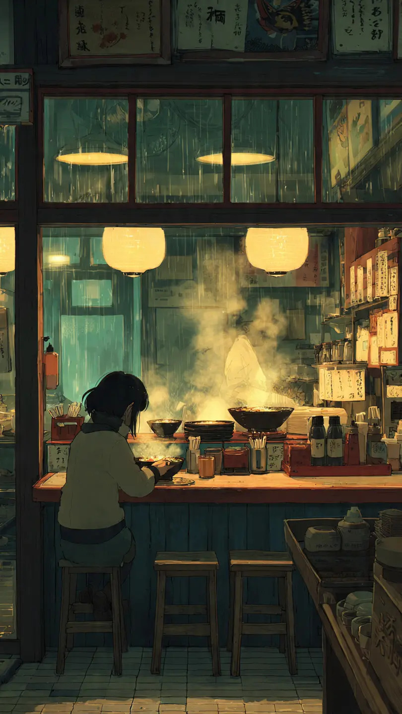 Warm slice-of-life anime scene inside a tiny ramen shop on a cold evening, steam — Ideogram AI Image Prompt