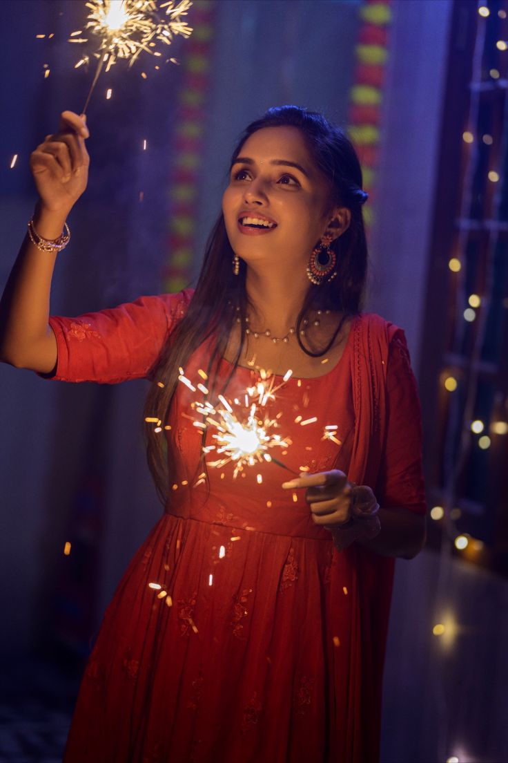 cinematic Diwali red anarkali sparkler portrait of [SUBJECT: beautiful young Ind — DALL-E AI Image Prompt