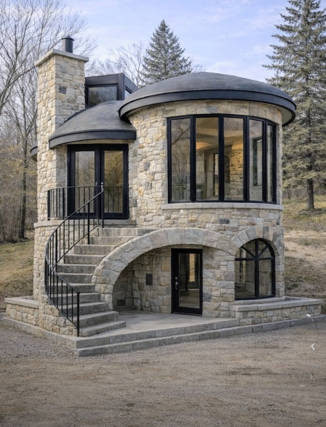 Create a photorealistic architectural photograph of a unique two-story cylindric — DALL-E AI Image Prompt