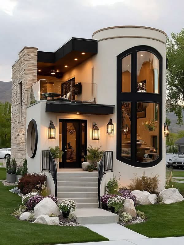Photorealistic modern luxury two-story cylindrical tower house, exterior front t — DALL-E AI Image Prompt