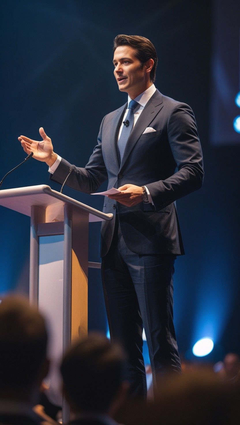 Photorealistic image of a professional speaker on stage at a conference, three-q — DALL-E AI Image Prompt