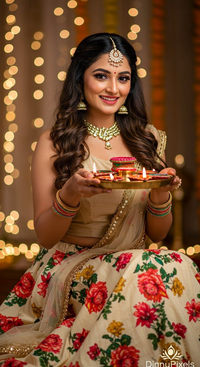 cinematic Diwali sitting floral lehenga diya aarti portrait of [SUBJECT: beautif — DALL-E AI Image Prompt