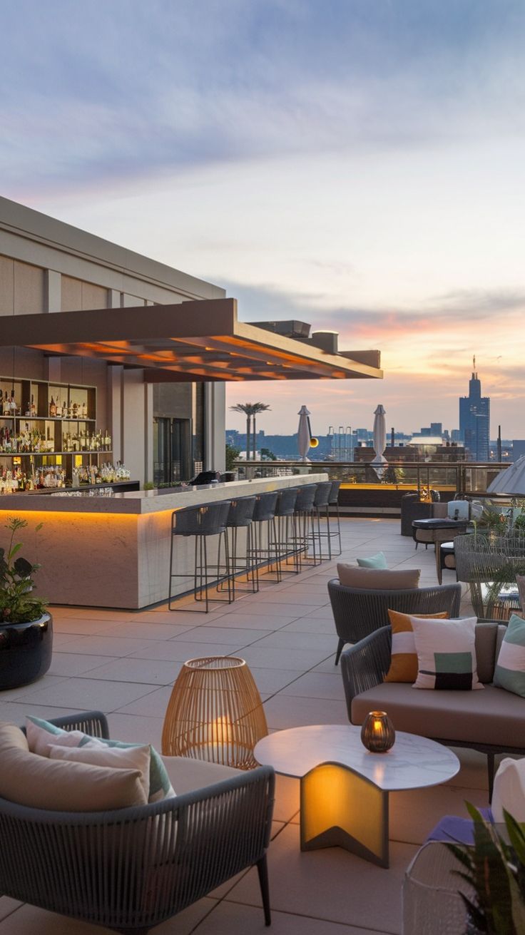 Photorealistic ultra-detailed luxury rooftop bar at sunset golden hour, wide ang — DALL-E AI Image Prompt