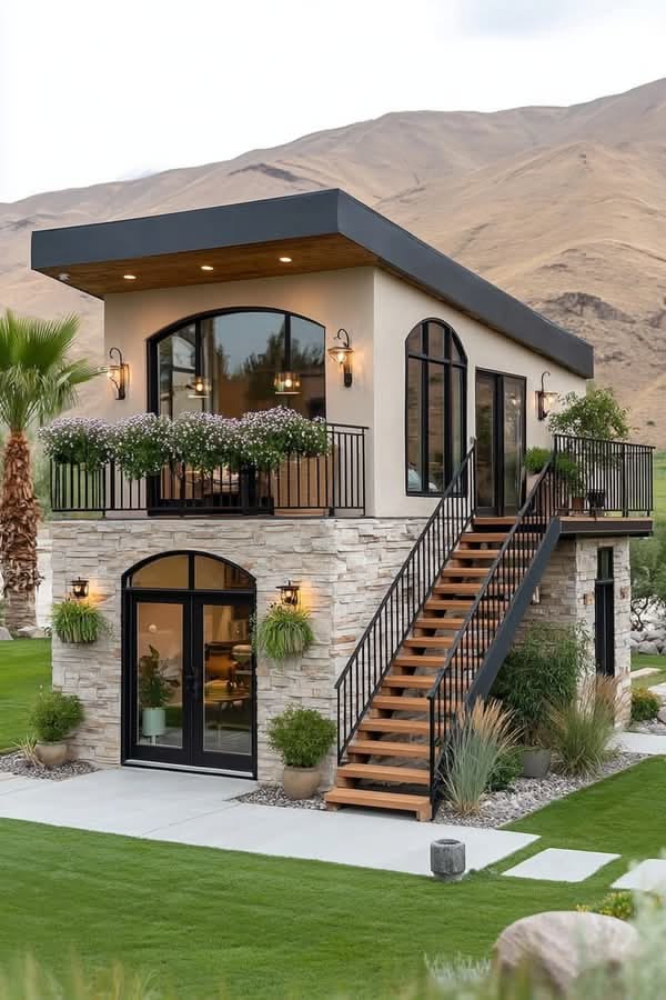 Photorealistic small modern two-story tiny house, exterior front three-quarter v — DALL-E AI Image Prompt