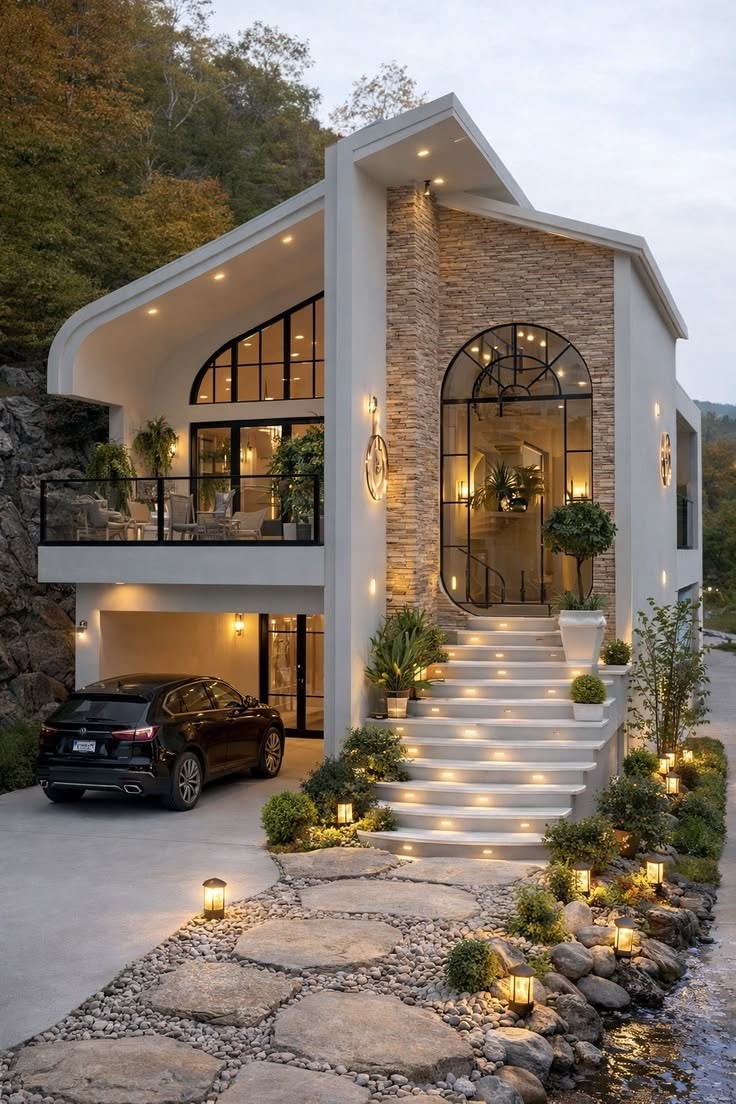 Photorealistic modern luxury hillside villa, exterior front three-quarter view,  — DALL-E AI Image Prompt