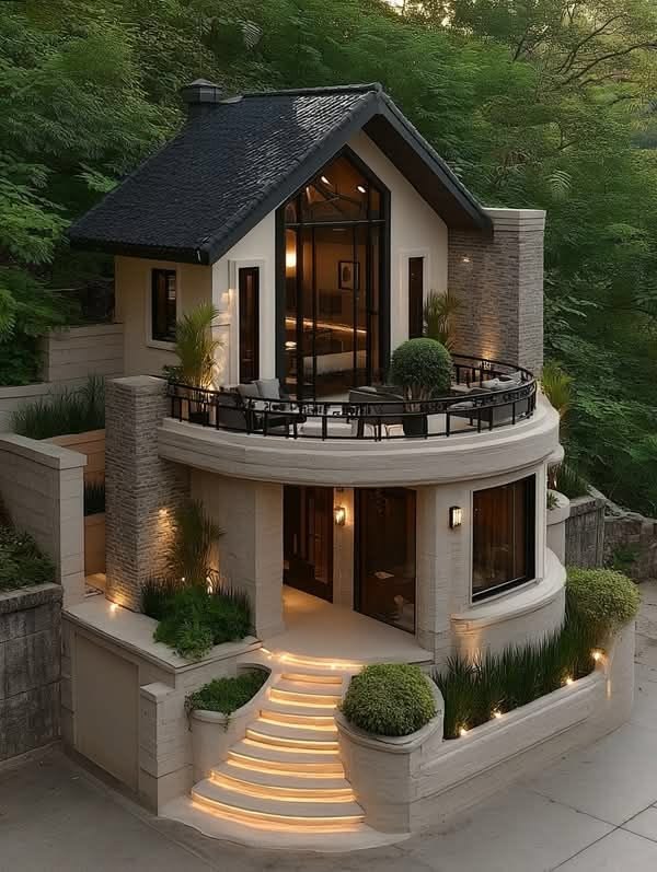 Photorealistic modern luxury two-story A-frame house nestled in lush green fores — DALL-E AI Image Prompt