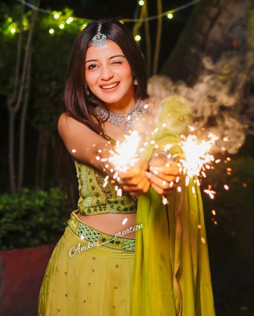 cinematic Diwali sparkler playful portrait of [SUBJECT: beautiful young Indian w — DALL-E AI Image Prompt