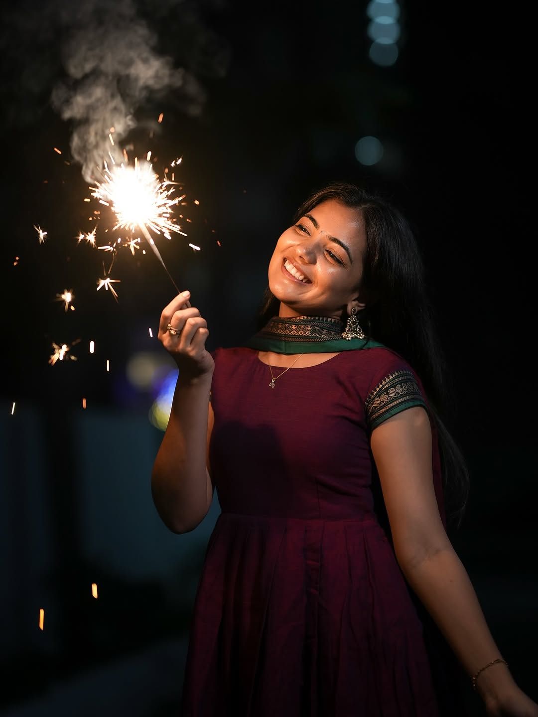 cinematic Diwali single sparkler portrait of [SUBJECT: beautiful young Indian gi — DALL-E AI Image Prompt