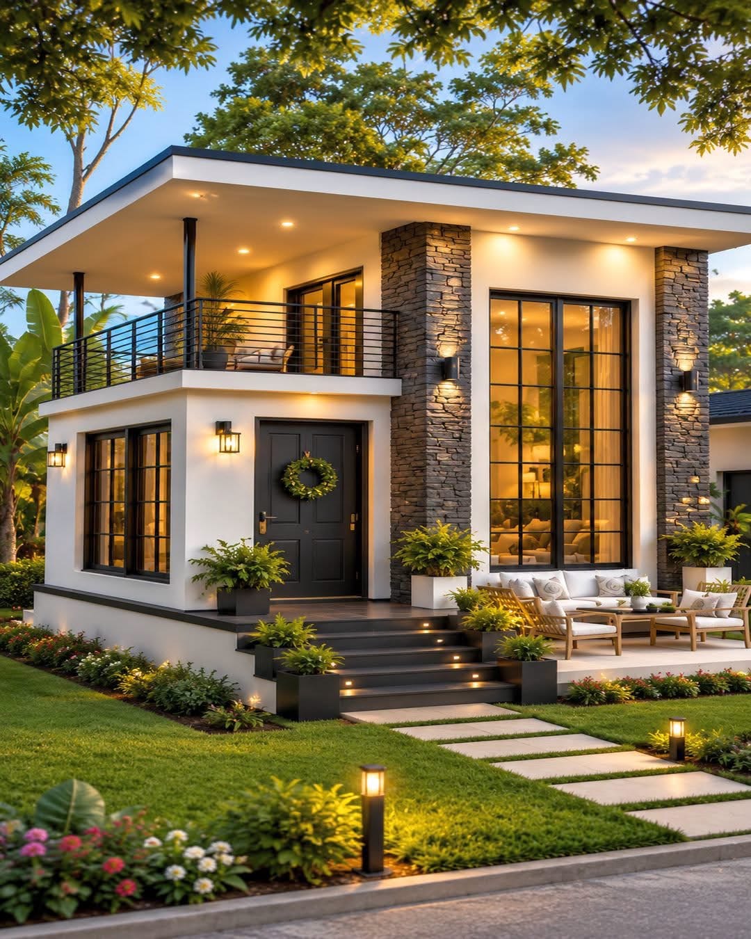 Photorealistic modern two-story luxury house at golden hour sunset, exterior fro — DALL-E AI Image Prompt