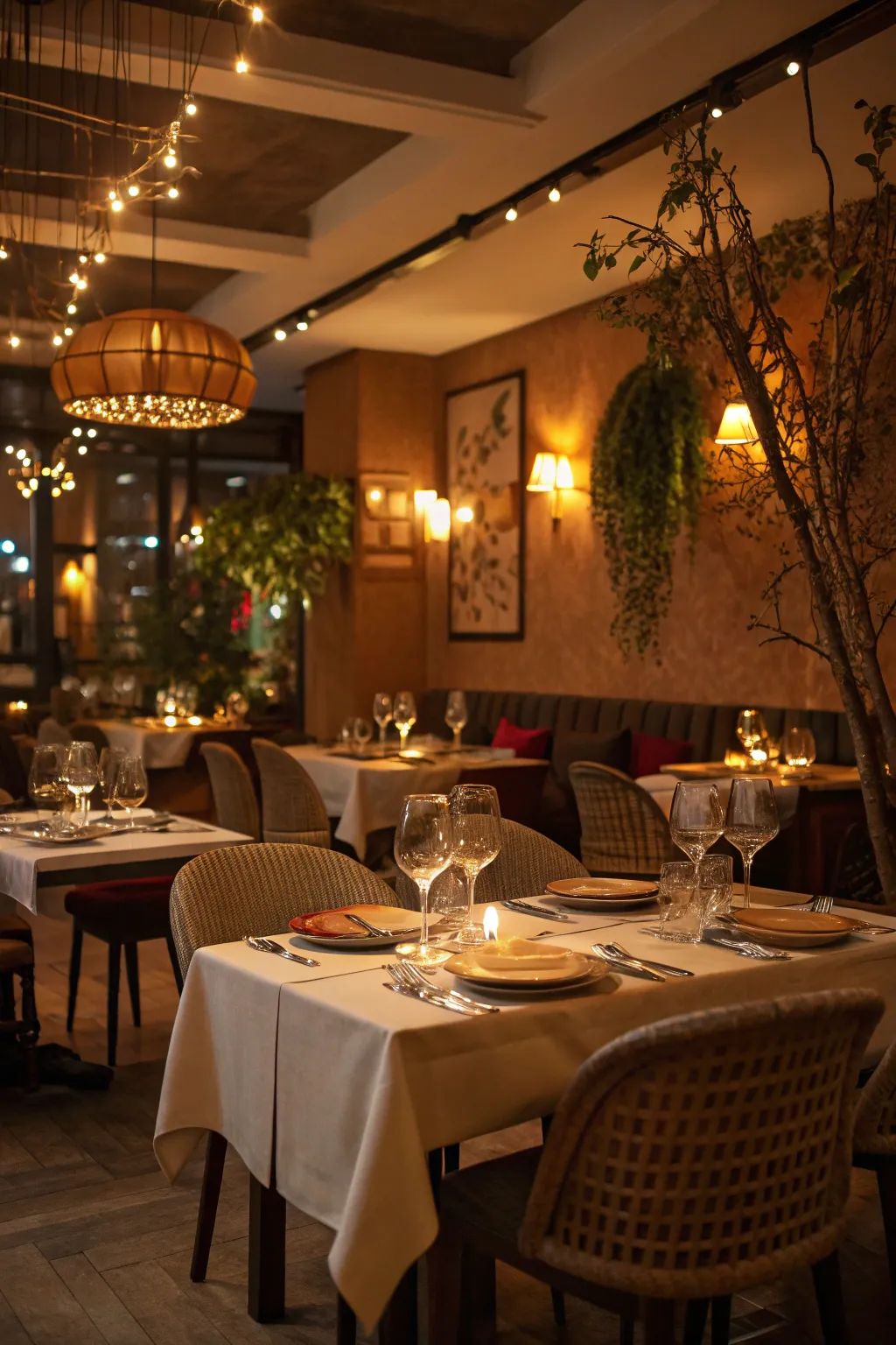 Photorealistic cozy luxury indoor restaurant interior at night, warm ambient can — DALL-E AI Image Prompt