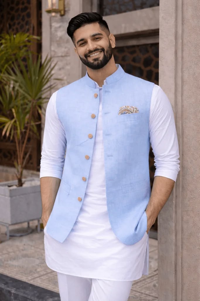 cinematic festive sky blue Nehru jacket white kurta portrait of [SUBJECT: handso — DALL-E AI Image Prompt