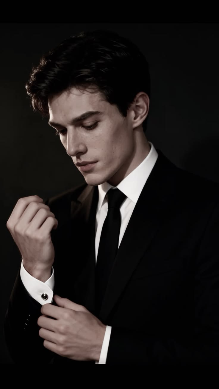 elegant black suit portrait of [SUBJECT - e.g., a young handsome man with dark w — Ideogram AI Prompt