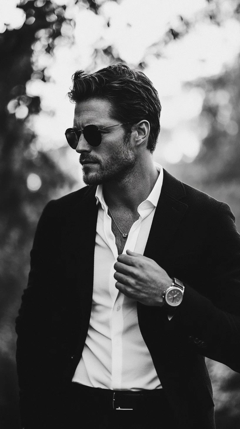 Photorealistic black and white editorial portrait of a stylish man outdoors, wai — Ideogram AI Image Prompt