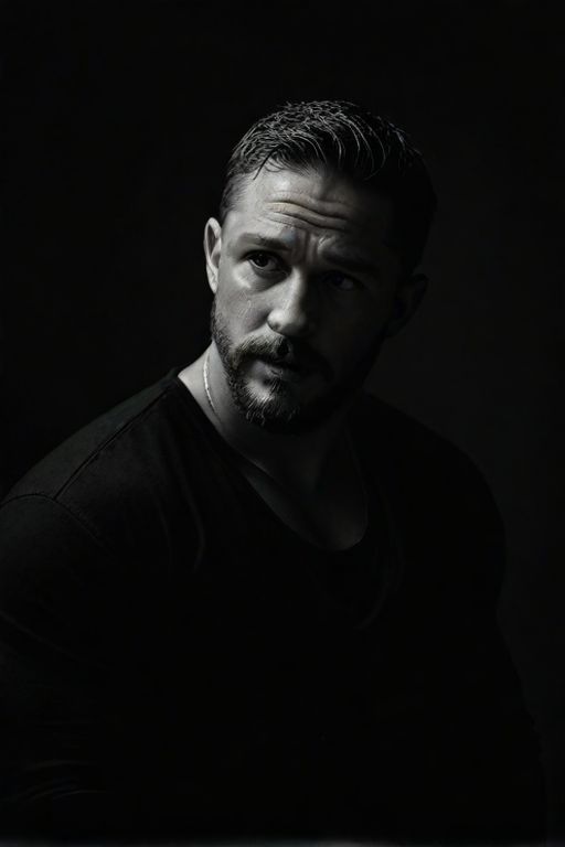 black and white cinematic low-key portrait of [SUBJECT: man in early 30s, rugged — DALL-E AI Prompt