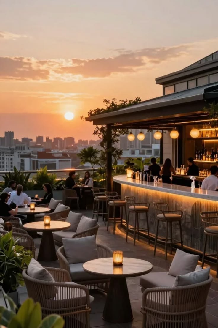 Photorealistic ultra-detailed luxury rooftop bar at golden hour sunset, warm amb — DALL-E AI Image Prompt