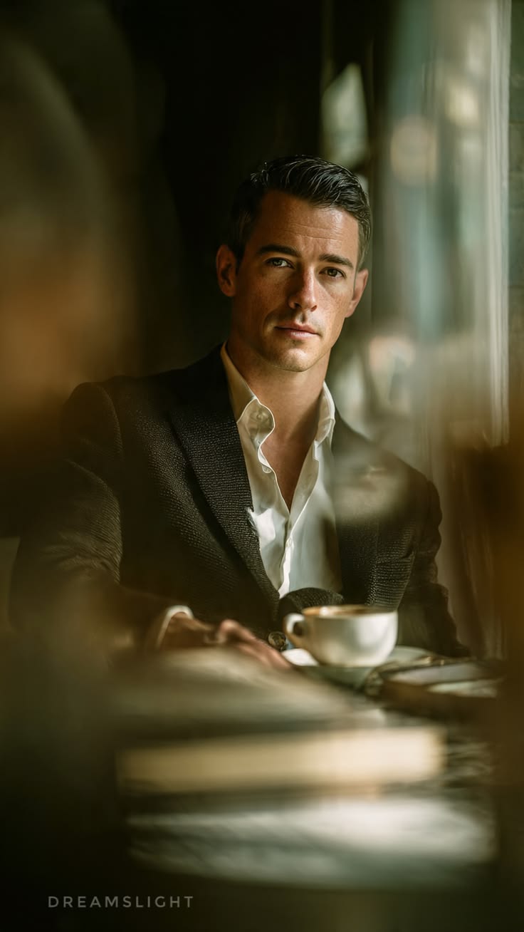 Photorealistic cinematic portrait of a stylish man sitting in a moody cafe, eye- — DALL-E AI Image Prompt