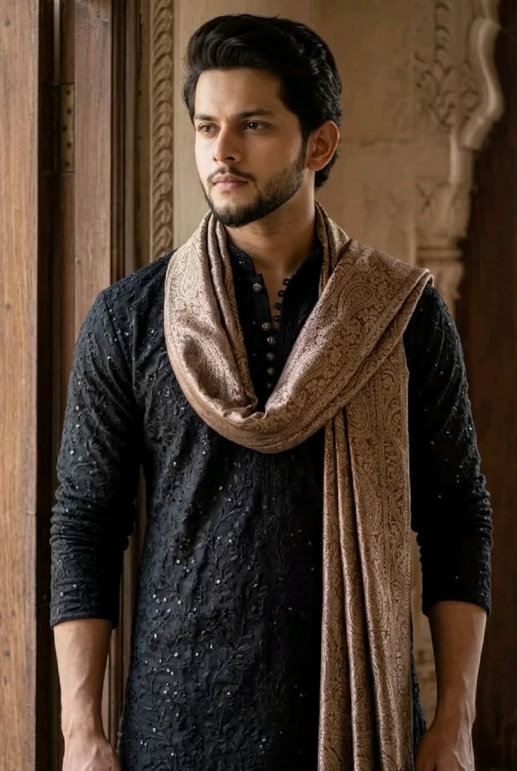 cinematic royal black kurta beige shawl haveli portrait of [SUBJECT: handsome In — DALL-E AI Image Prompt