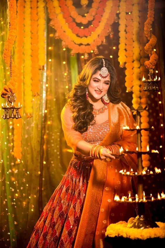 cinematic royal Diwali deep stand orange lehenga portrait of [SUBJECT: beautiful — DALL-E AI Image Prompt