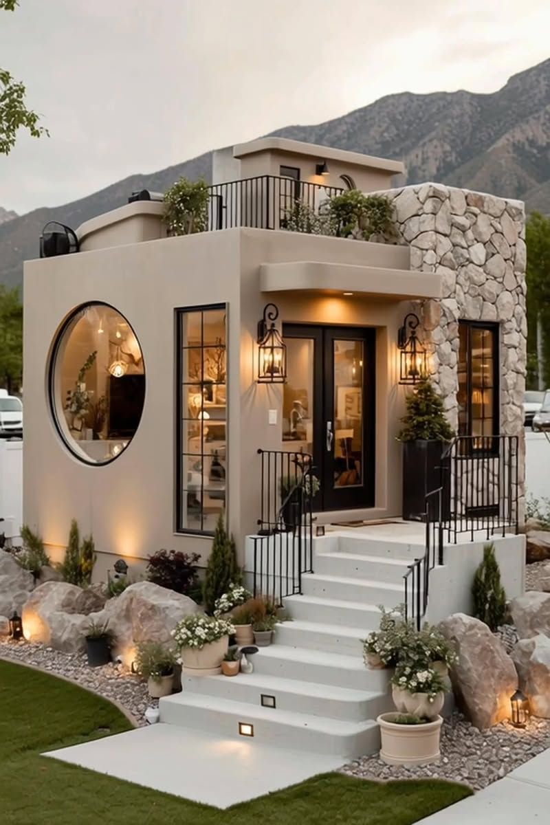 Photorealistic modern small cubic luxury house at dusk, exterior front three-qua — DALL-E AI Image Prompt