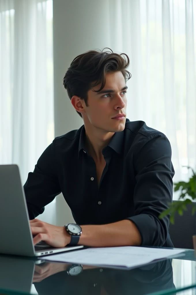 Photorealistic portrait of a young professional man working in a bright modern o — DALL-E AI Image Prompt