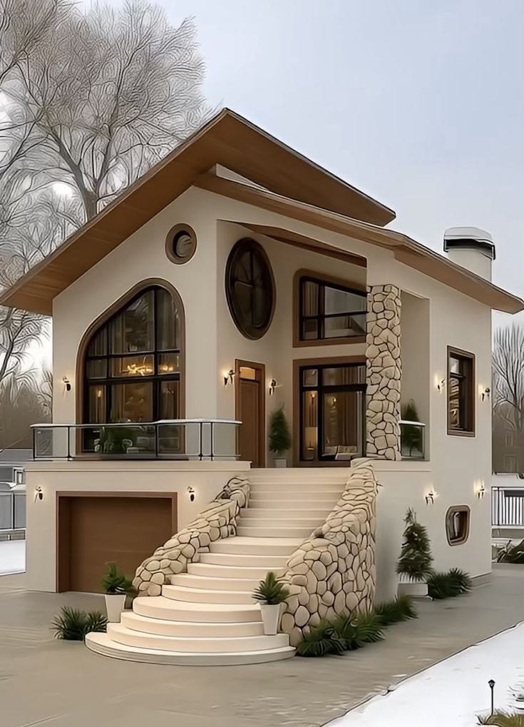 Photorealistic modern unique two-story house on elevated foundation in winter, e — DALL-E AI Image Prompt