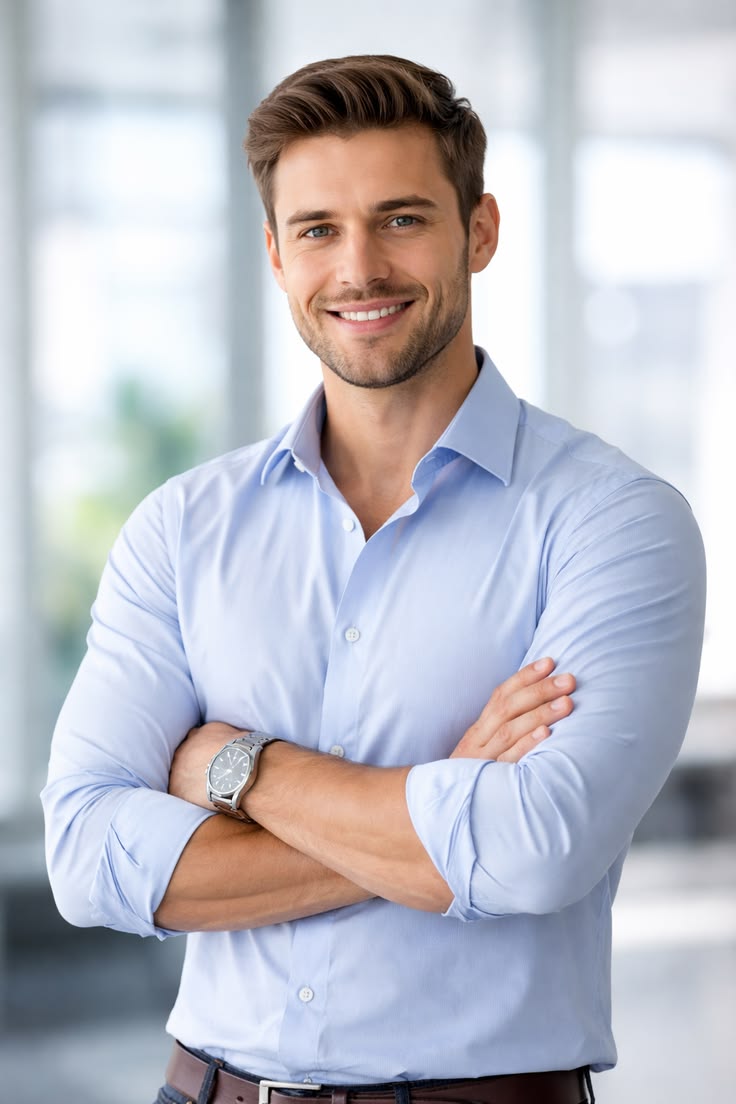 Photorealistic professional corporate portrait of a smiling businessman, chest-u — DALL-E AI Image Prompt