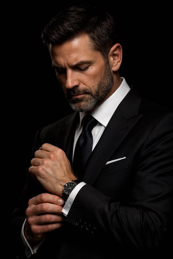 Photorealistic luxury portrait of a businessman adjusting his watch, chest-up, t — DALL-E AI Image Prompt