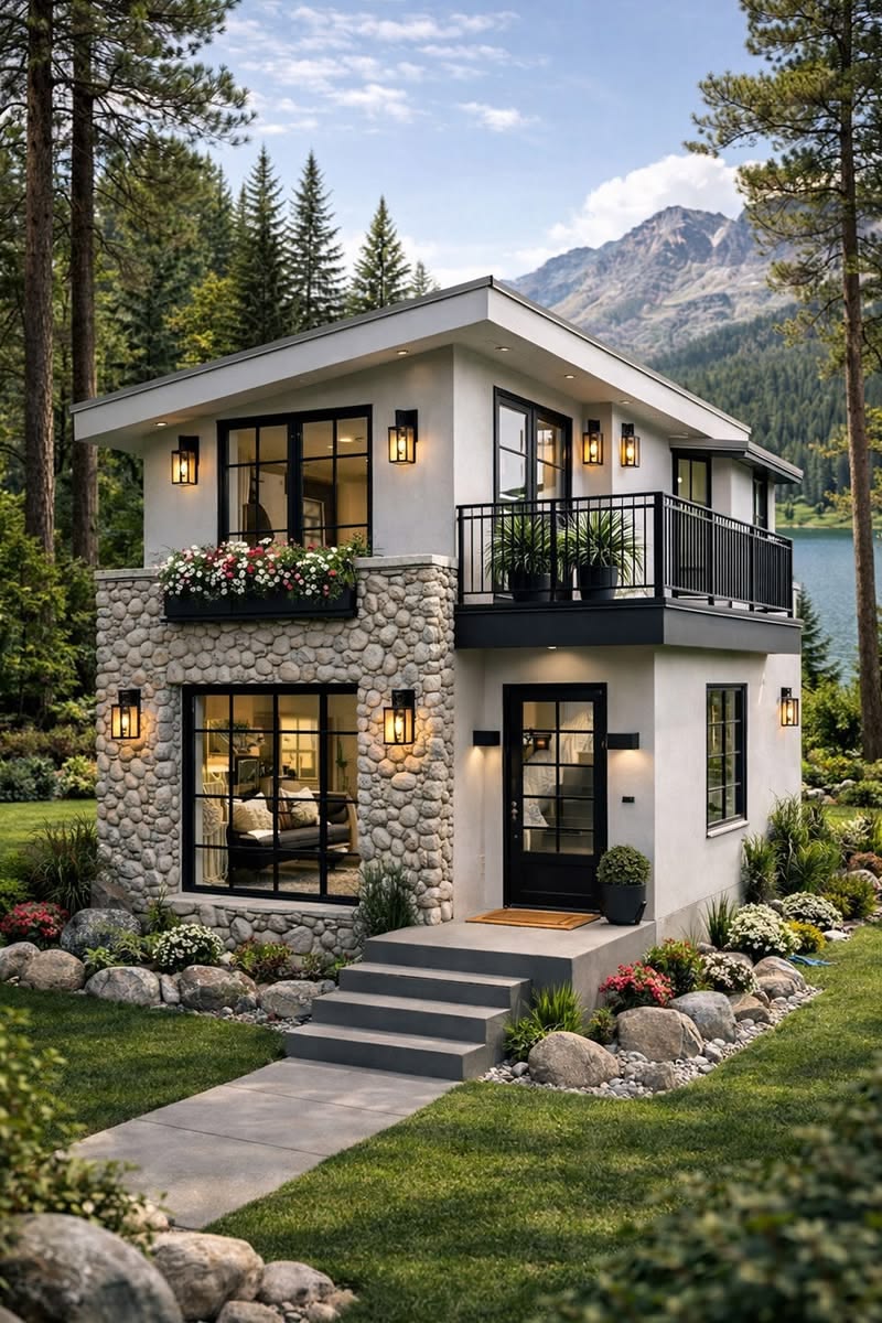 Photorealistic modern two-story tiny lake house cabin, exterior front three-quar — DALL-E AI Image Prompt