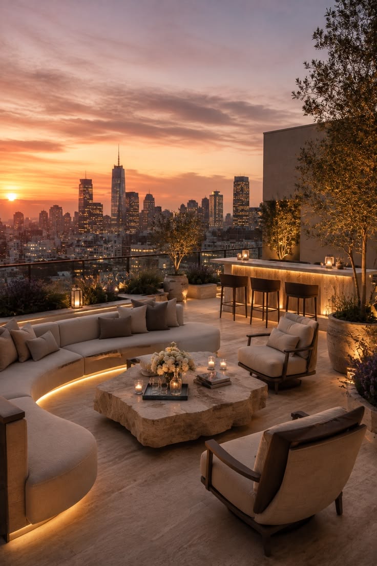 Photorealistic ultra-detailed luxury rooftop terrace lounge at golden hour sunse — DALL-E AI Image Prompt