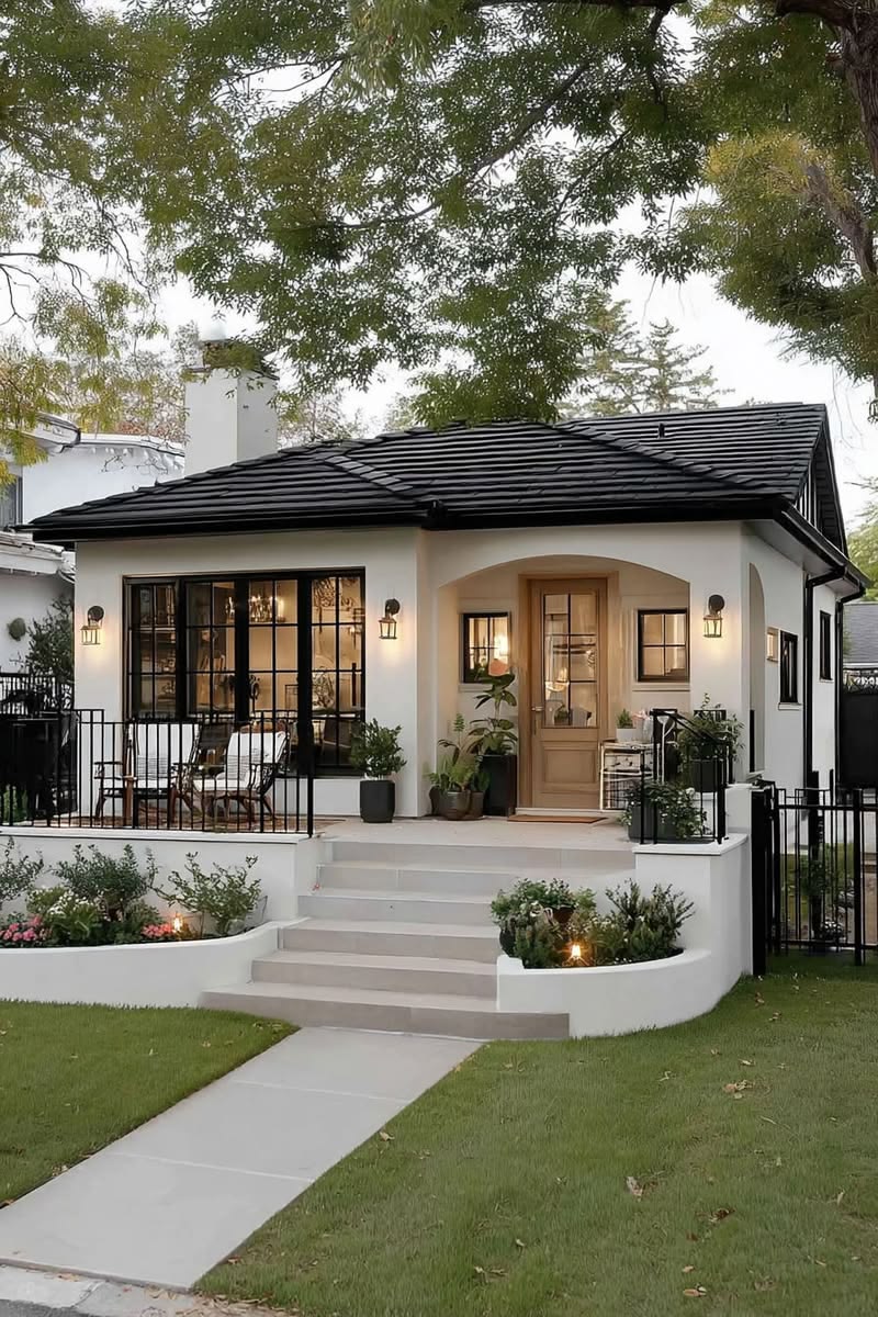 Photorealistic modern cozy white bungalow cottage, exterior front three-quarter  — DALL-E AI Image Prompt