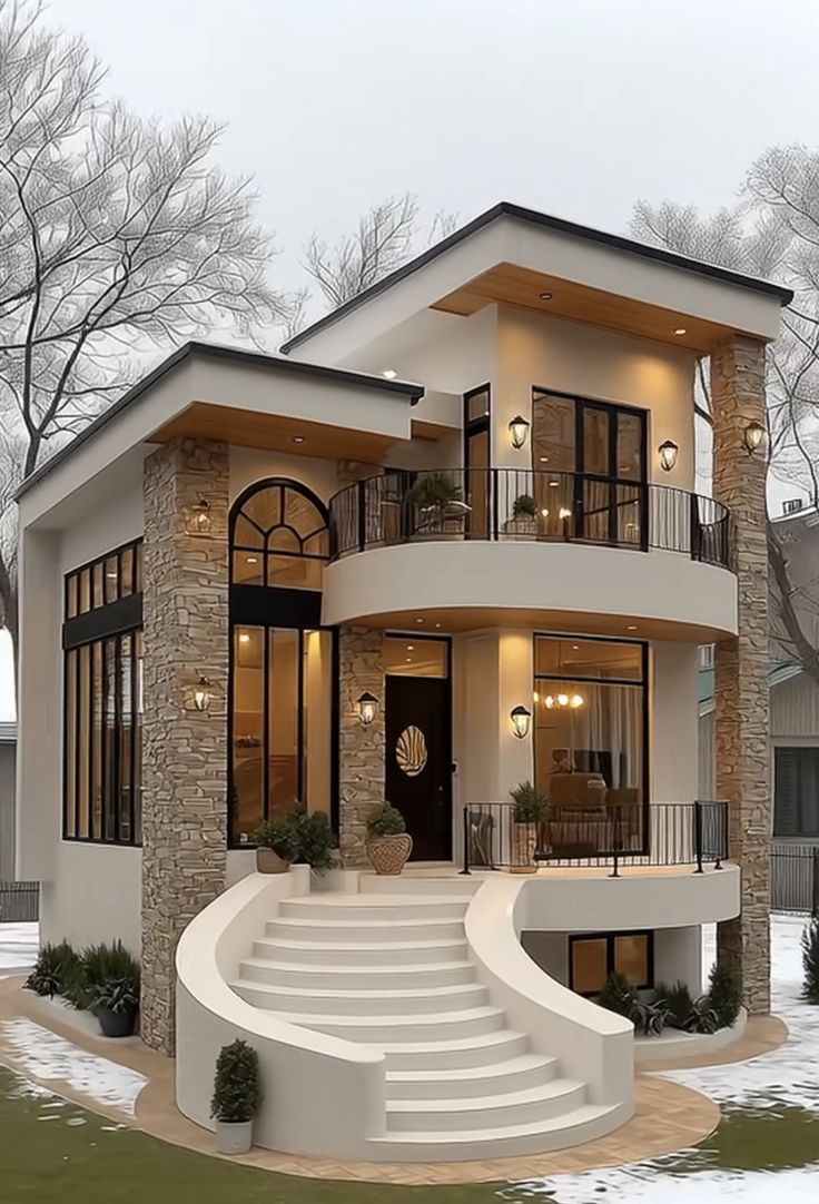 Photorealistic modern luxury two-story house in winter, exterior front three-qua — DALL-E AI Image Prompt