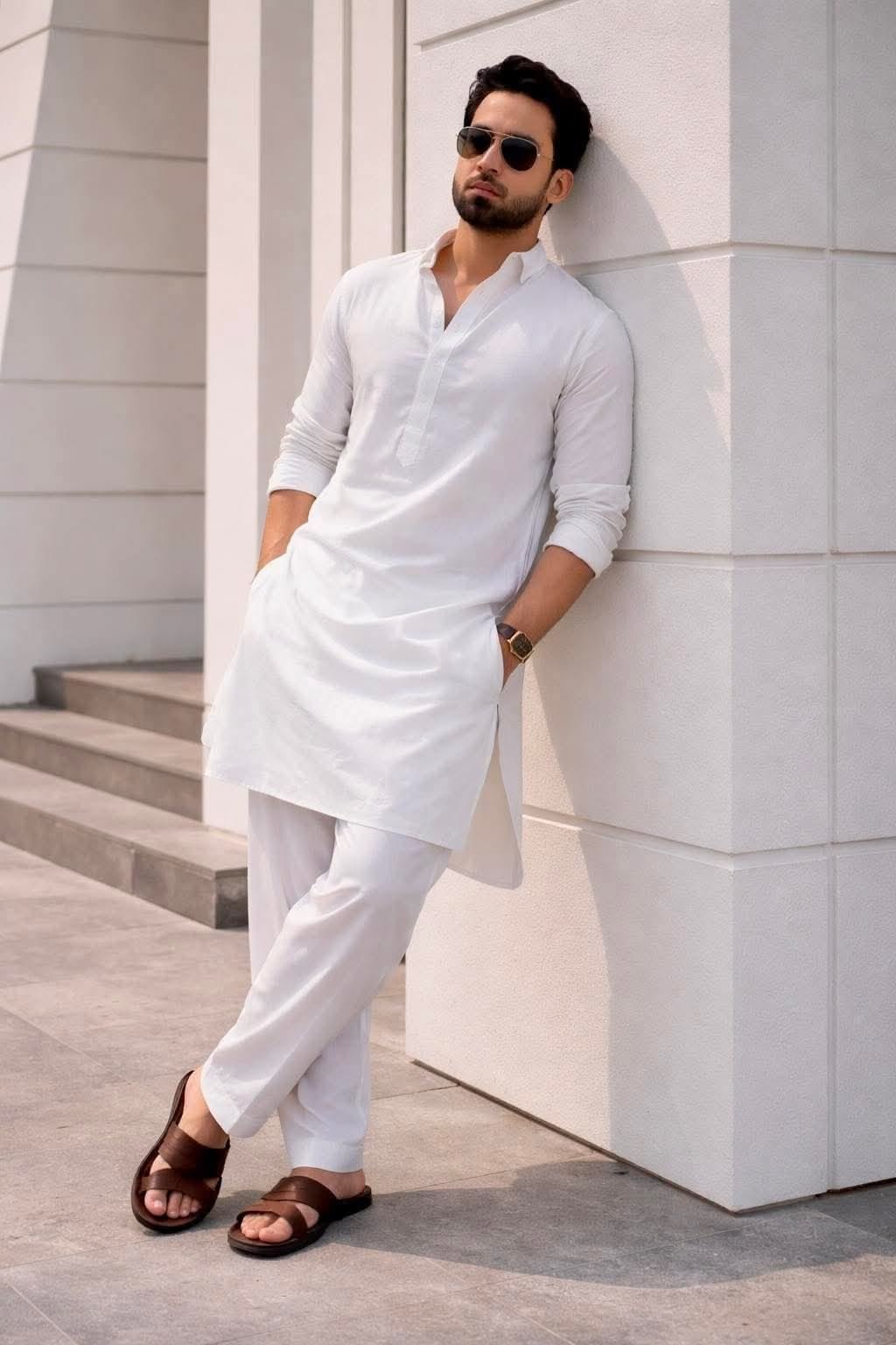 cinematic open collar white kurta pajama shades lean portrait of [SUBJECT: hands — DALL-E AI Image Prompt