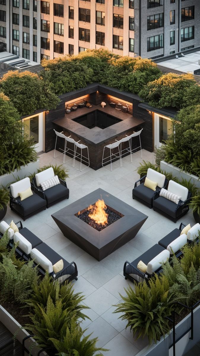 Photorealistic ultra-detailed luxury rooftop terrace lounge, aerial top-down vie — DALL-E AI Image Prompt