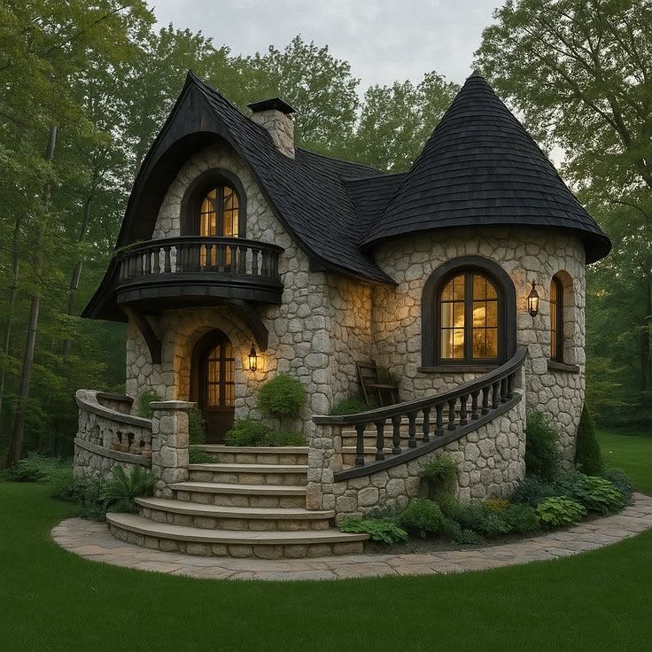 Photorealistic fairytale stone cottage at dusk, exterior front three-quarter vie — DALL-E AI Image Prompt
