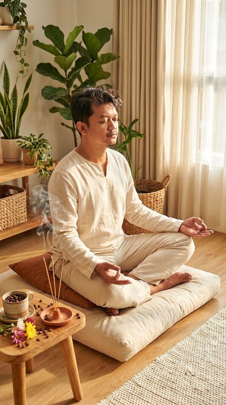 Create a cinematic, hyper-realistic portrait of a man (image uploaded) meditatin — DALL-E AI Prompt