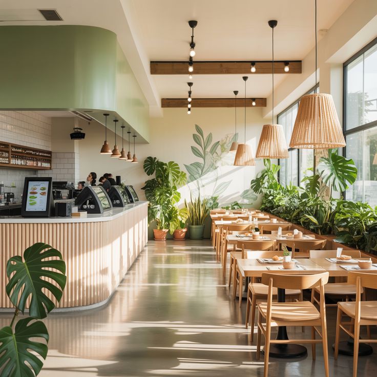 Photorealistic ultra-detailed modern tropical minimal cafe interior, bright dayl — DALL-E AI Image Prompt