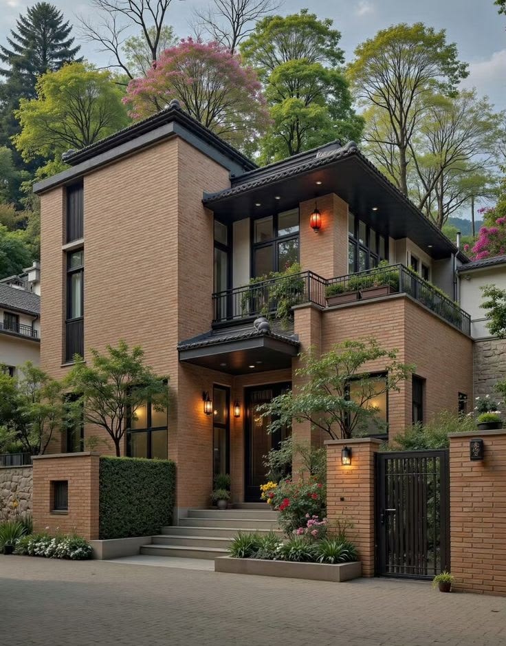 Photorealistic modern Japanese-inspired two-story brick house, exterior front th — DALL-E AI Image Prompt