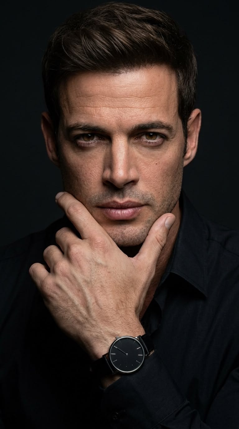 Photorealistic intense studio portrait of a handsome man, extreme close-up, eye- — DALL-E AI Image Prompt