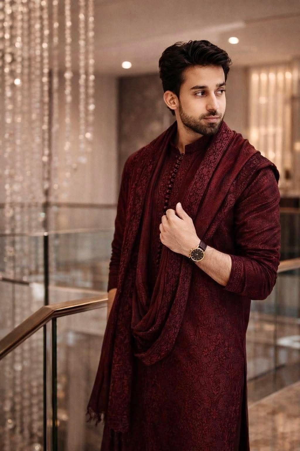 cinematic royal Diwali mens maroon kurta shawl portrait of [SUBJECT: handsome In — DALL-E AI Image Prompt