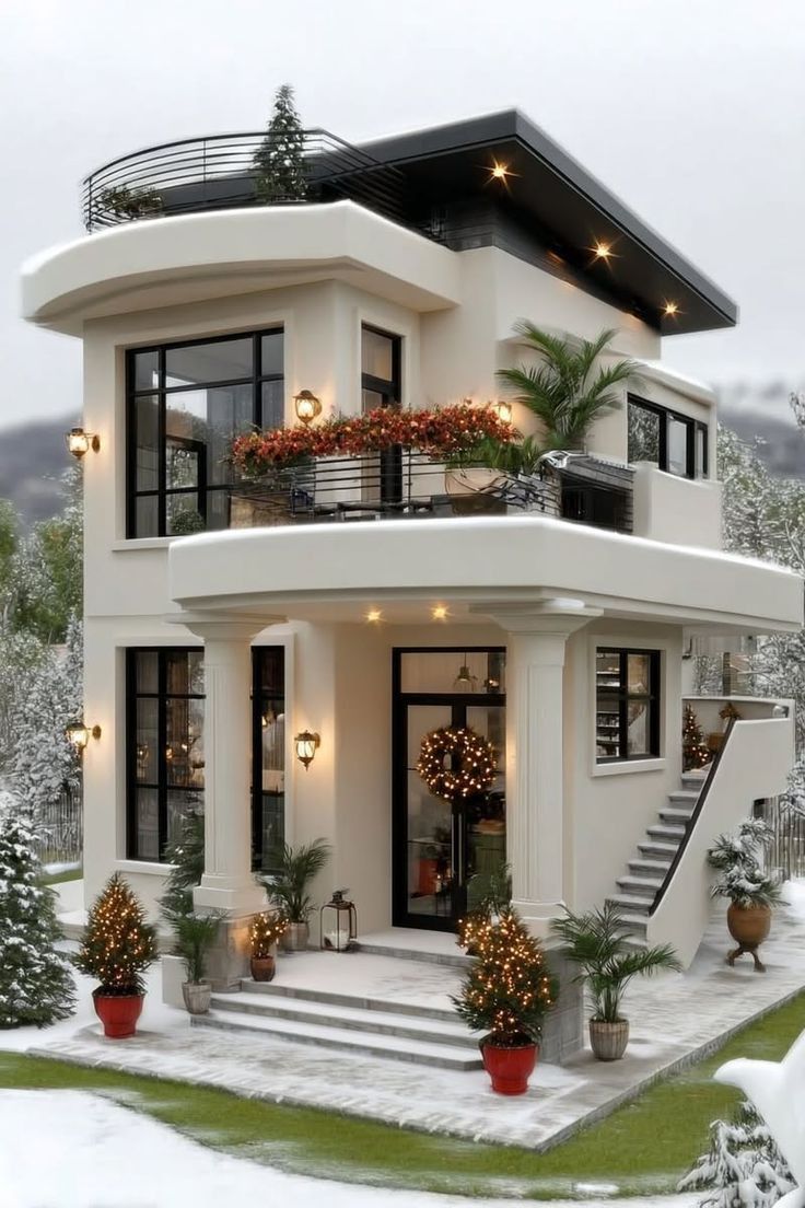 Photorealistic modern luxury two-story curved house in light snow winter, exteri — DALL-E AI Image Prompt
