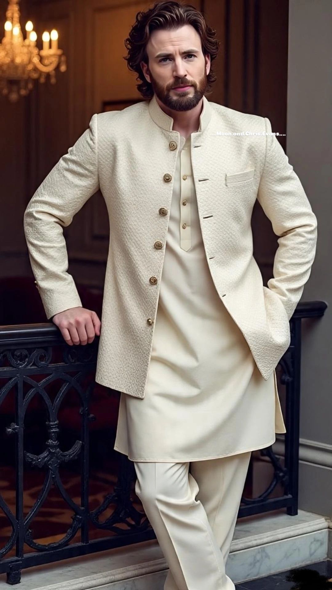 cinematic luxury off-white bandhgala Jodhpuri portrait of [SUBJECT: handsome bea — DALL-E AI Image Prompt