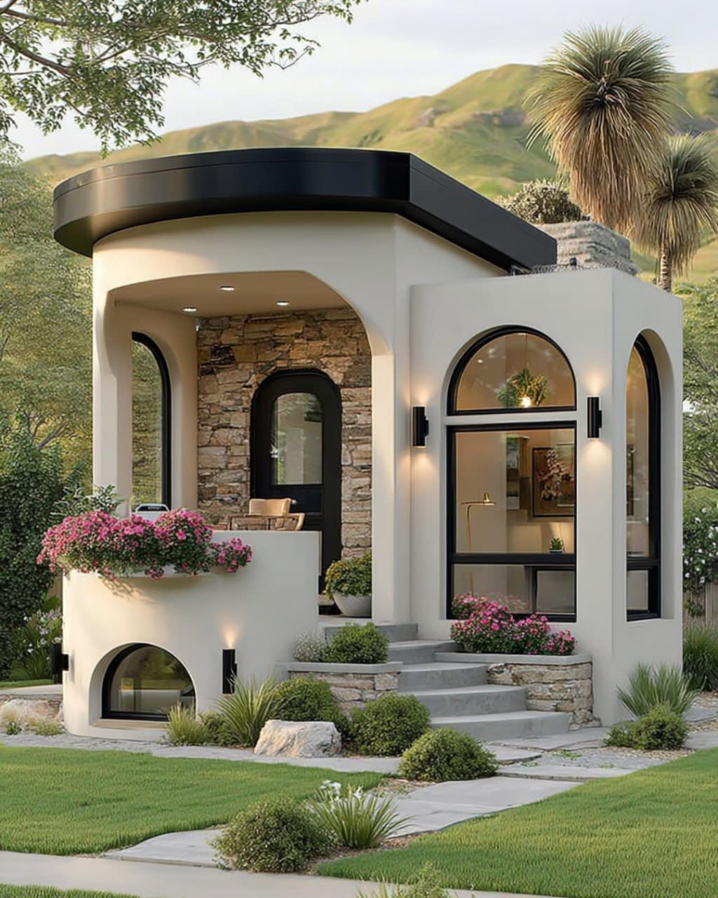 Photorealistic modern small curved Mediterranean tiny house, exterior front thre — DALL-E AI Image Prompt