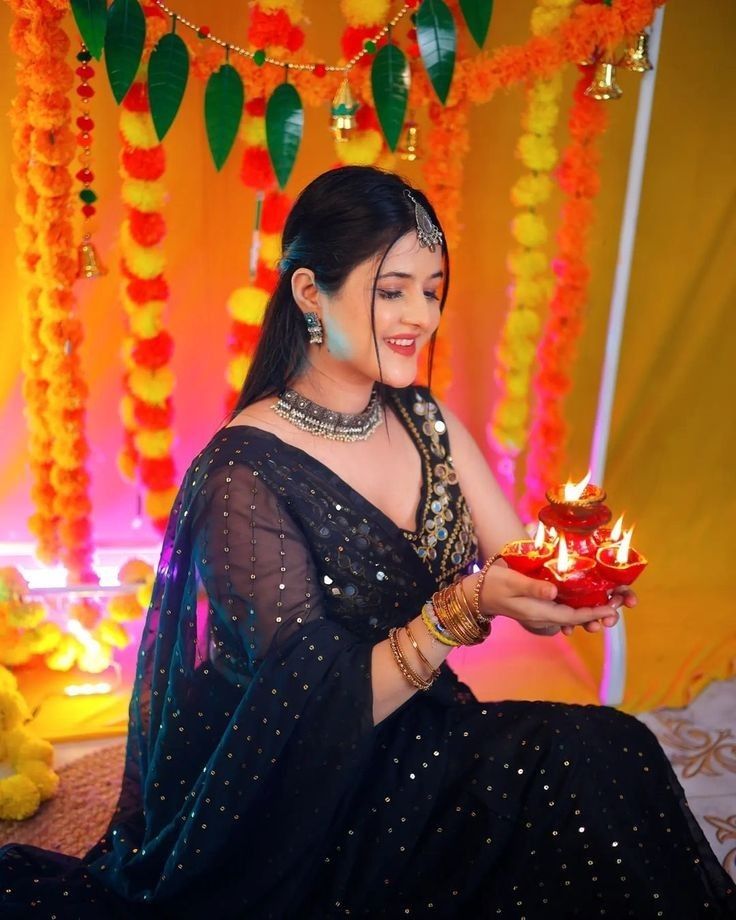 cinematic festive Diwali diya tower black saree portrait of [SUBJECT: beautiful  — DALL-E AI Image Prompt