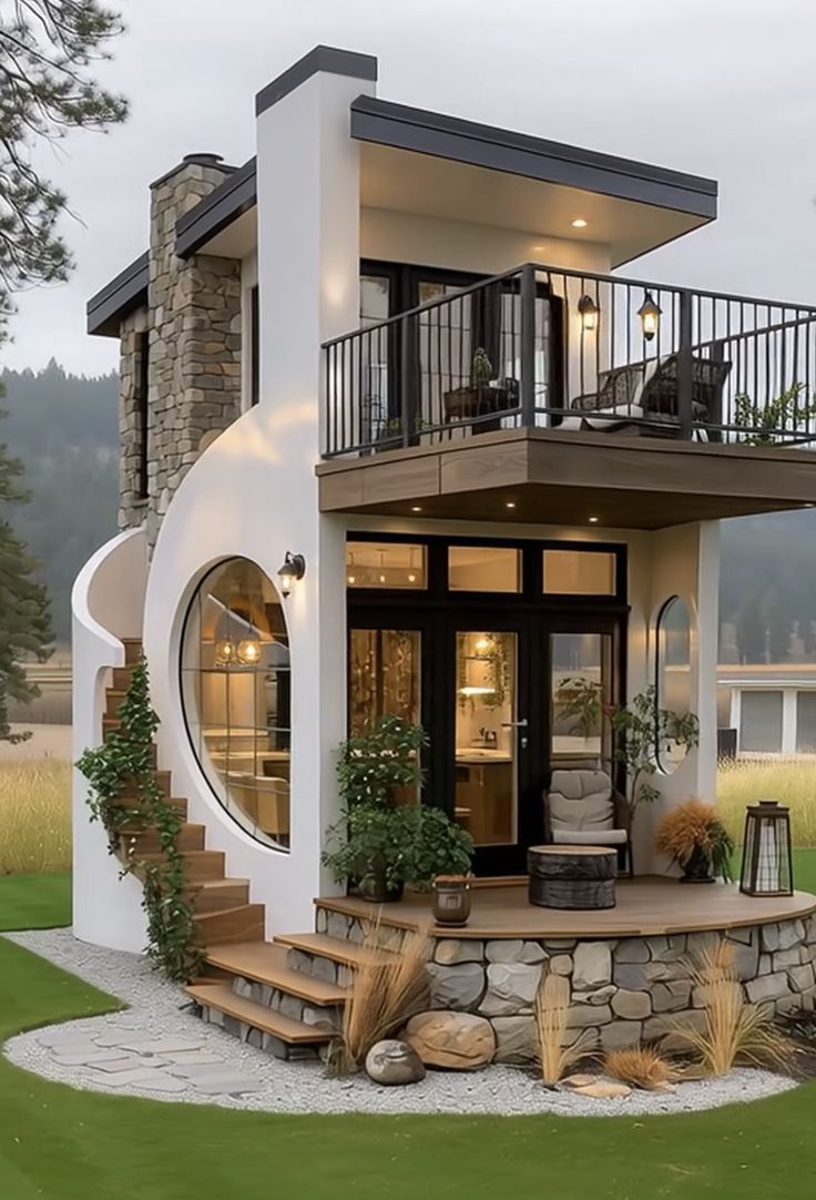 Photorealistic modern two-story tiny house, exterior front three-quarter view, e — DALL-E AI Image Prompt